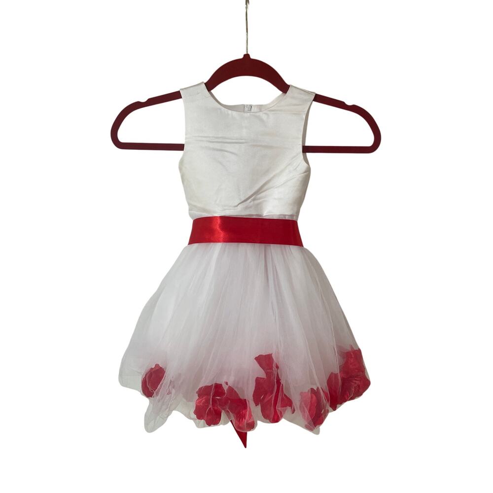 Girls Toddlers Dress Size M White Red Tulle Skirt Satin Bow Petal Flower Girl